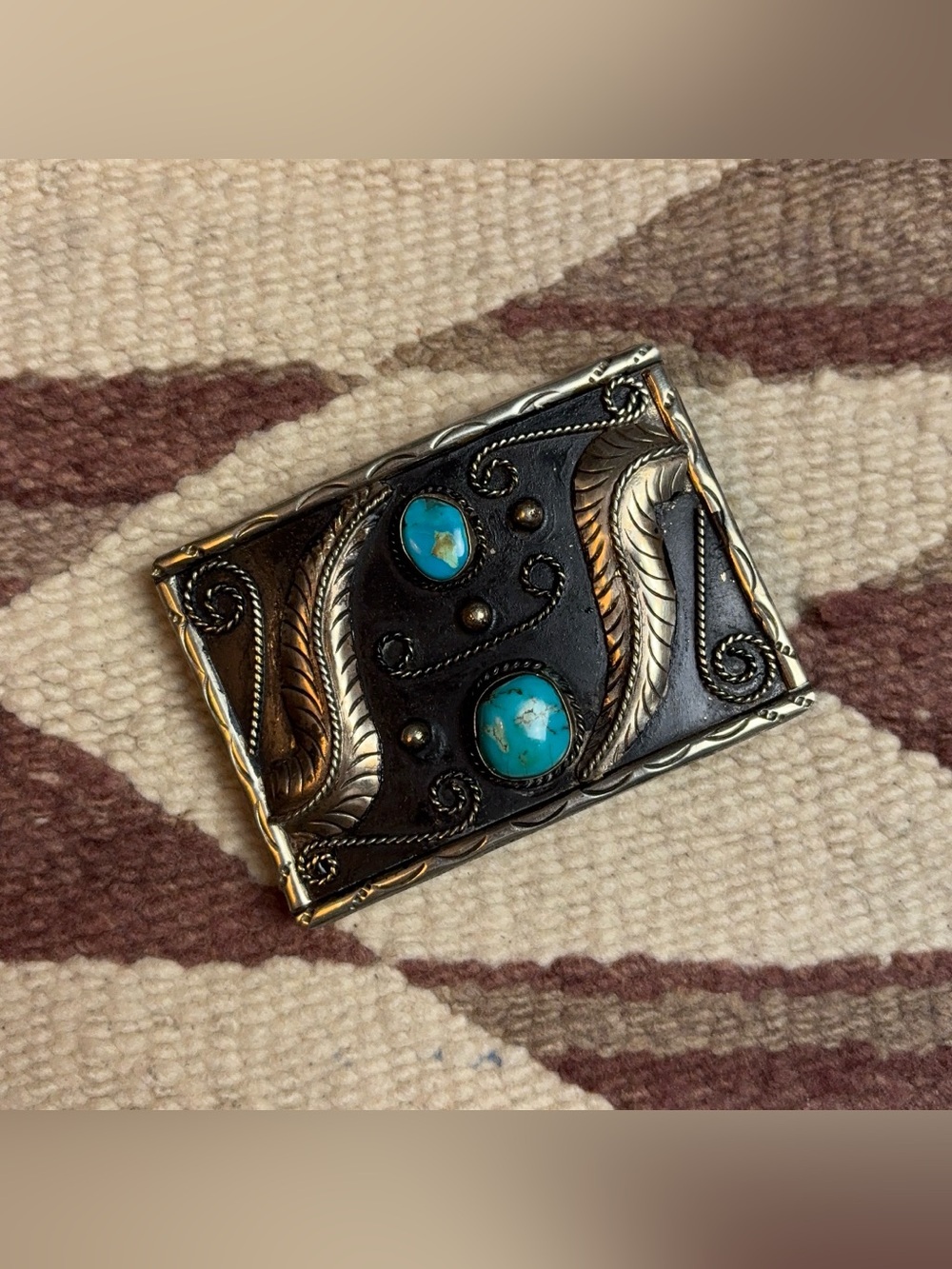 Vintage Sterling Silver & Turquoise Belt Buckle Native American Navajo